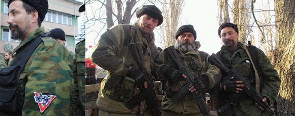 Igor Georgievsky outside Crimean Naval base and in a separate picture posing with Ponomarev and the unidentified bearded gunman. 