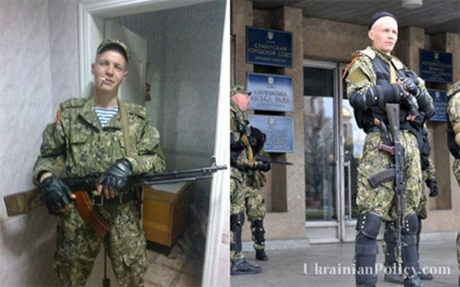 Photo from Evgen Zloy’s social media page (L) and outside seized buildings in Slovyansk (R)