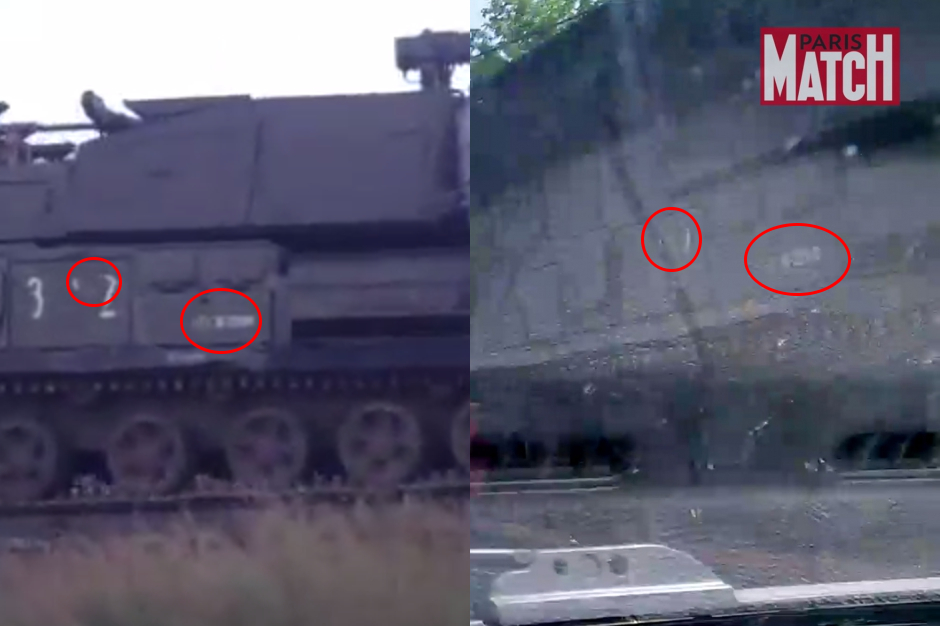 On the left: the Buk in a column of Russian military vehicles seen on the evening on the 23rd of June on the motorway from Staryy Oskol to the OEMK steel works in the Belgorod area.  Source. On the Right: Image from Paris Match. Source