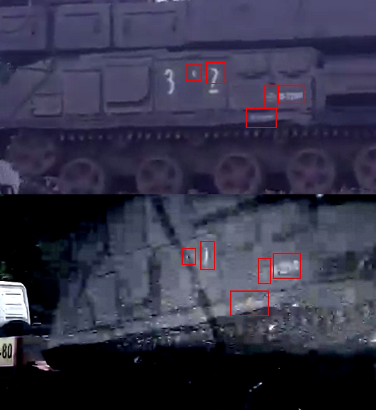 The top still is from footage of the convoy in Russia, the bottom from the Paris Match photograph [Source] with the matching markings highlighted