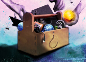 Illustrated depiction of a toolbox with a Bellingcat logo, with multiple hands taking or putting in symbolic tools.