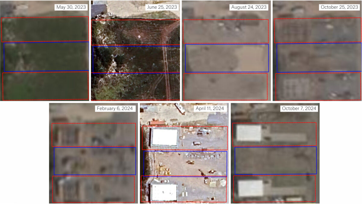 Satellite images showing construction activity across three parcels over time. Dated May 30, August 24, October 25, February 6 and October 7, Credit: Planet Labs PBC. Images dated June 25 and April 11, Credit: Google Earth/Airbus. 