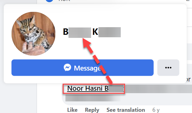 A screengrab of a 2016 Facebook post. Showing the tagged username “Noor Hasni B.” Which when clicked on, reveals a pop-up displaying the profile “BK”.