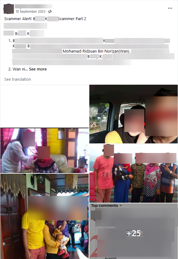 A screenshot of the montage of photos and comments posted by the angry customer. Faces and usernames in the post have been blurred by Bellingcat.