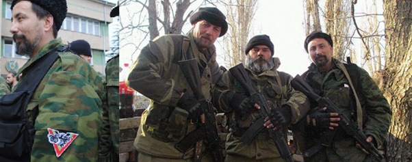Igor Georgievsky outside Crimean Naval base and in a separate picture posing with Ponomarev and the unidentified bearded gunman.