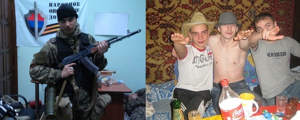 “Dima Kharkovsky” in front of the flag of the Donbass People’s Militia and Dima Shelest (L).